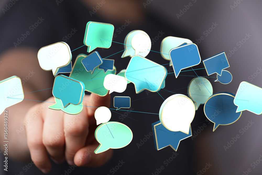 Poster Abstract image of interconnected speech bubbles, representing global communication and networking.