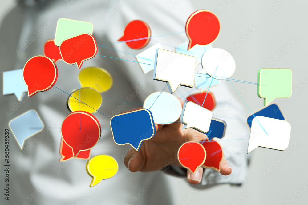 Poster abstract image of interconnected speech bubbles symbolizing global communication and networking.