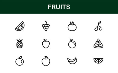 Fruits Line Icon Pack, Modern Collection. Fresh fruit line icon pack featuring modern, minimal, and professional outline symbols of popular fruits in a clean vector design style.