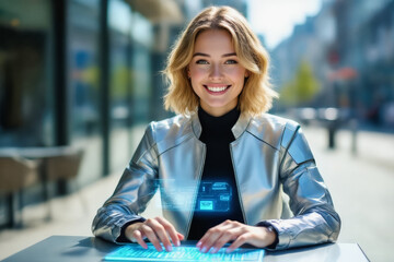 A smiling young woman with blonde hair, dressed in a silver jacket, interacts with a holographic interface displayed on a tablet while seated outdoors.