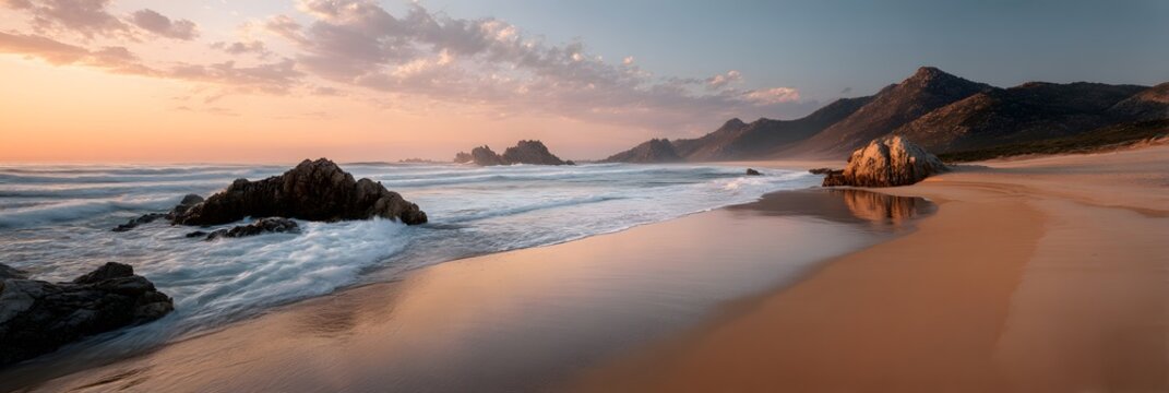 Waves crashing on sandy beach at sunset, with golden light reflecting off the water and dramatic clouds adding depth to the coastal scenery