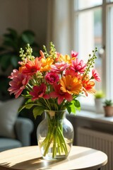 Sunlit Bouquet in Stylish Living Room Vibrant Flowers Add Natural Beauty to Home Interior