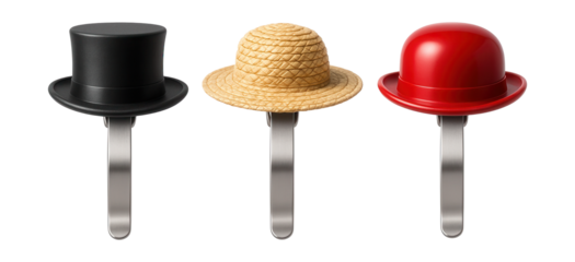 Clip-on wine glass markers shaped like tiny hats, adding a whimsical touch to a garden party.