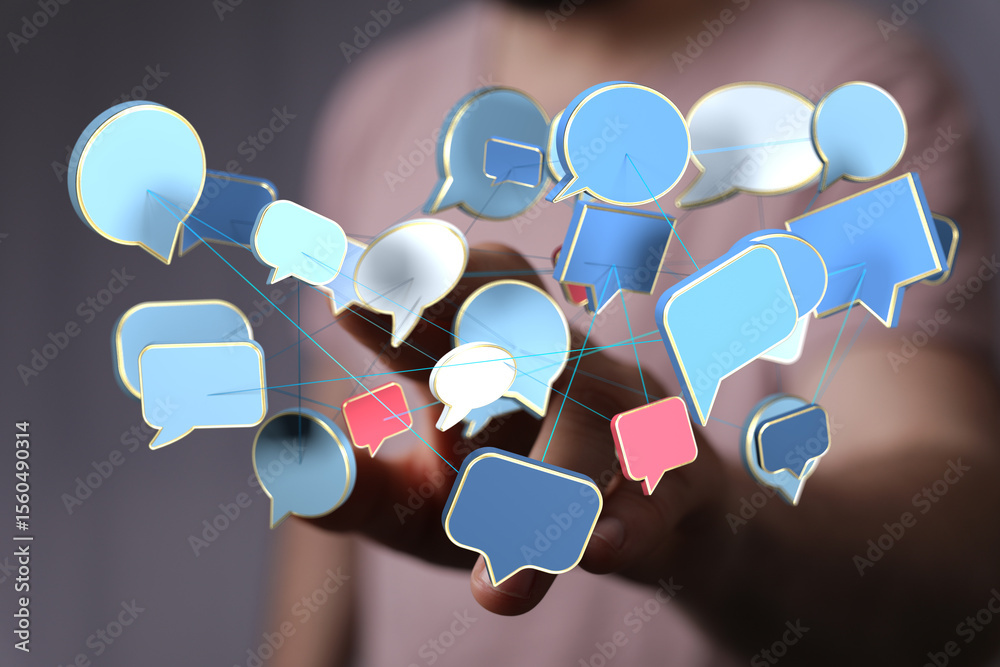 Poster Abstract image of interconnected speech bubbles, representing global communication and social media.