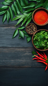 A vibrant arrangement of fresh spices, herbs, and fiery red chili peppers are displayed alongside green leaves on a rustic dark wooden surface creating a culinary scene.