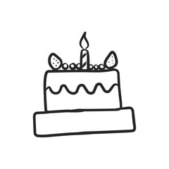 Hand-Drawn Birthday Cake Illustration with Candle and Decorative Berries, Perfect for Celebrations