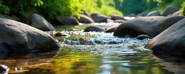 Serene Creek Sunlight Dapples Crystal-Clear Water Flowing Over Smooth Stones, Creating a Peaceful Natural Scene Ideal for Relaxation and Environmental Themes.