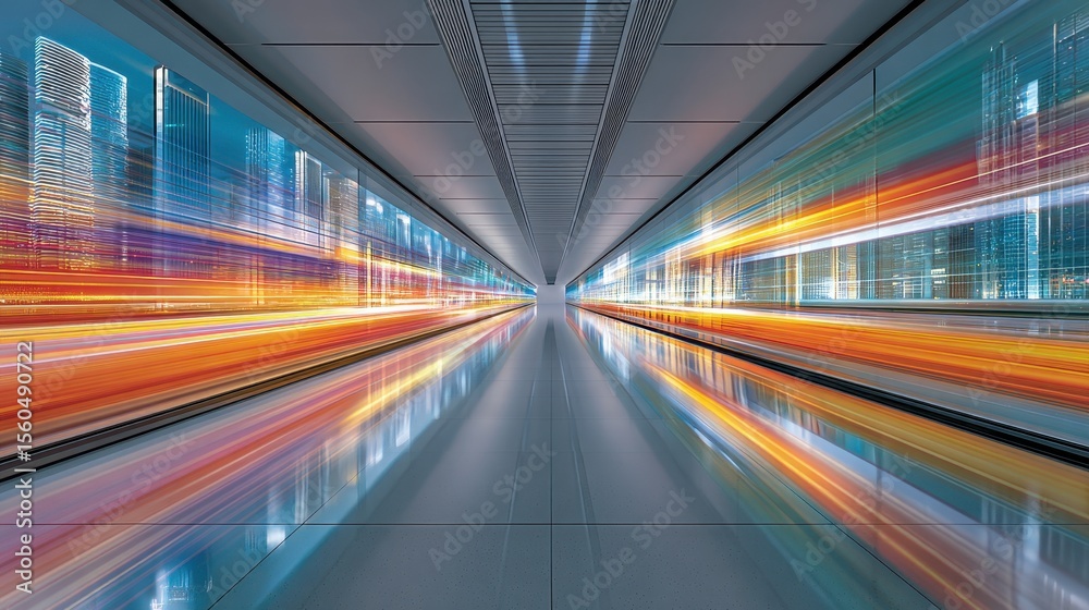 Poster abstract tunnel of colorful light trails creating an optical illusion on a dark floor, indoor instal