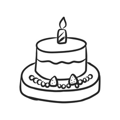Hand-Drawn Birthday Cake Illustration with Candle and Decorative Berries, Perfect for Celebrations