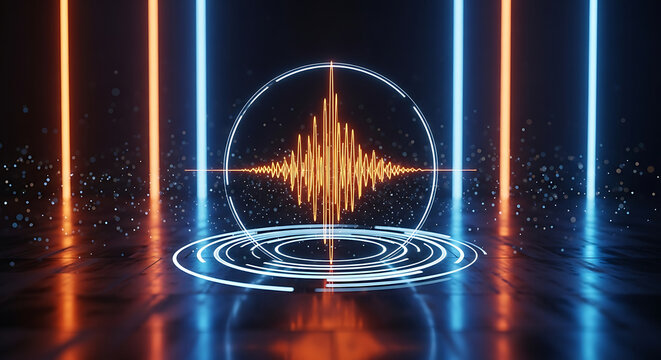 Sound Wave Equalizer with Neon Lights and Futuristic Stage