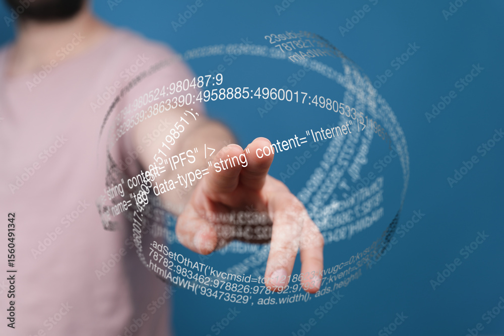 Poster person's hand interacts with a futuristic digital sphere showing internet data and code.