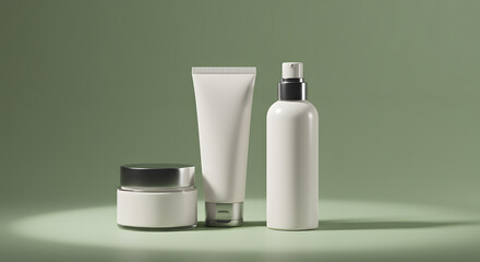 Minimalist Skincare Trio on Sage Green Background