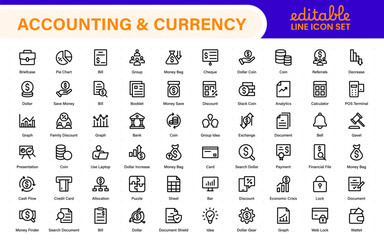 Set of line icons related to accounting, audit, and taxes. Outline icon collection. Business symbols.Income set. Containing money, tax, earnings, payment, paycheck, work, pension, and wages icons.