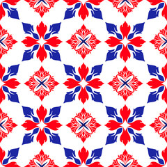 Fototapeta premium Geometric Pattern Quilt Design - Red Blue White Star Pattern Vector - American Patriotic Geometric Pattern Seamless Tile Background for Quilting Fabric Textile Print