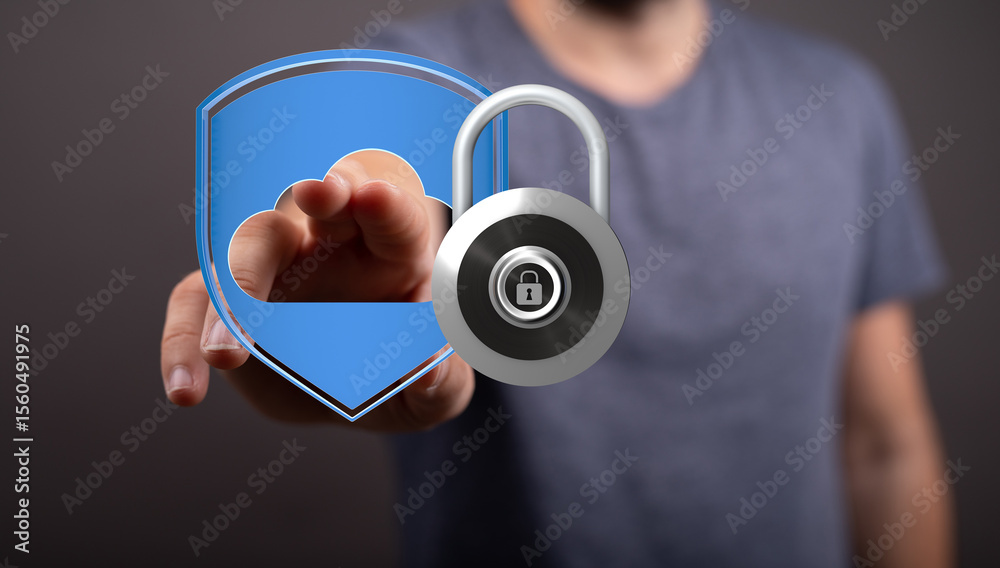 Poster Image of a hand interacting with a digital shield and padlock, representing secure cloud data.