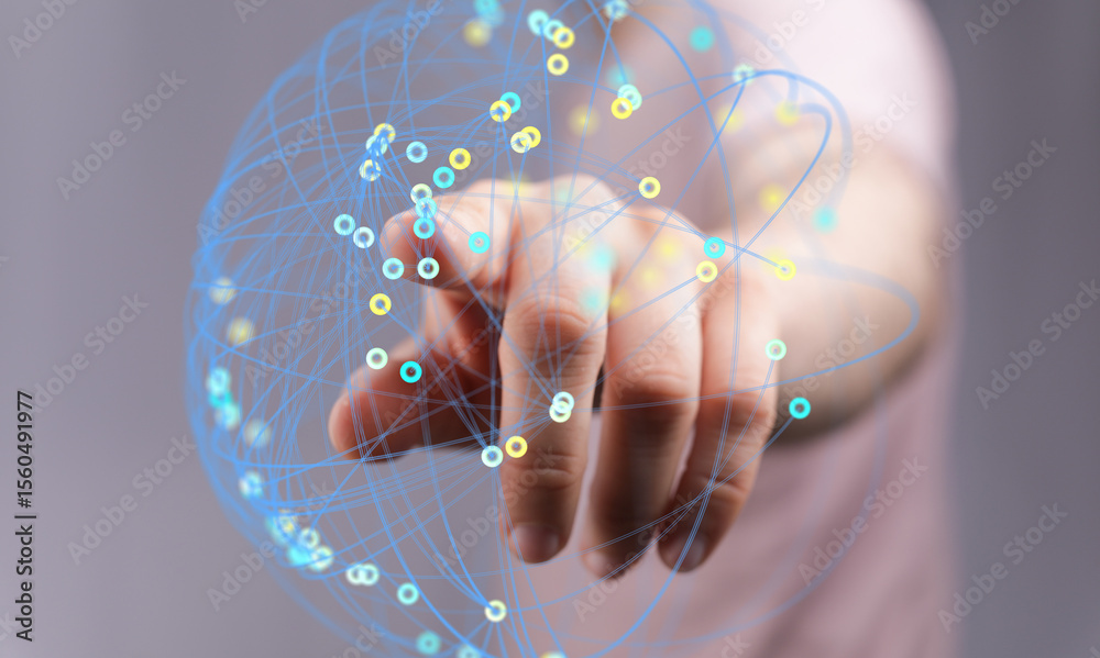 Aufkleber Abstract image of a hand interacting with a digital network, representing global connections and technology.