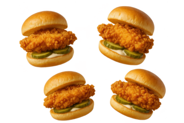 Four crispy fried chicken sandwiches on bun, isolated transparent background.