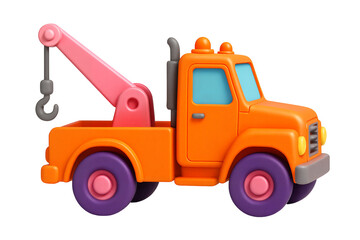 Fototapeta premium A colorful toy tow truck with an orange body, pink crane, and purple wheels on a black background