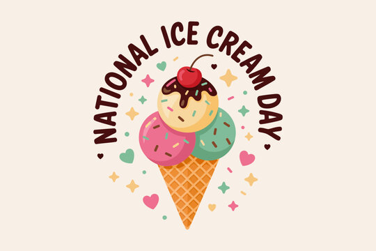 Watercolor style ice cream cone badge with cute pink background for national ice cream day vector artwork - Powered by Adobe