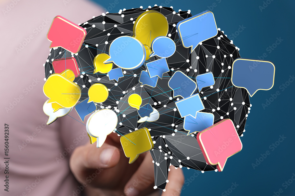 Poster abstract image of a brain with colorful speech bubbles, representing communication and ideas.