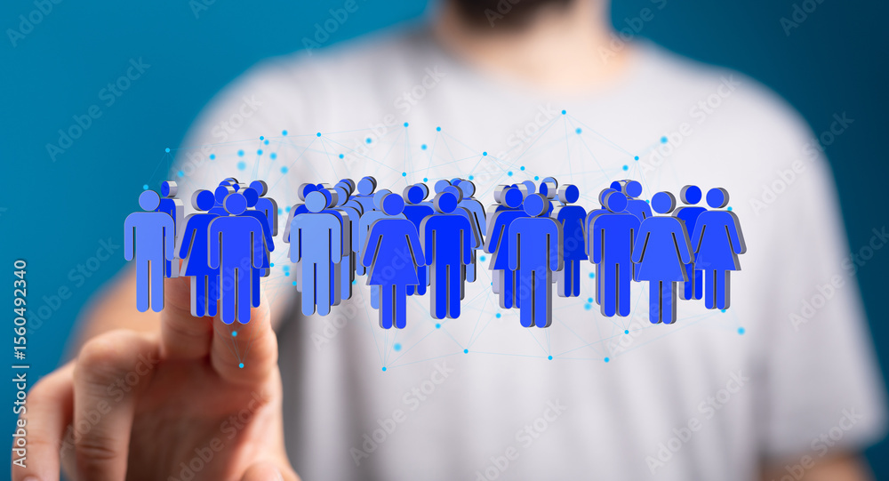 Poster stock photo of a hand interacting with a network of diverse people, representing online community an