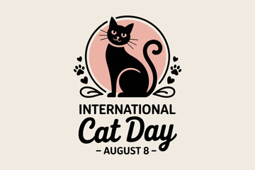 Simple cute tabby cat artwork with arched text for pet celebration event international cat day badge design  