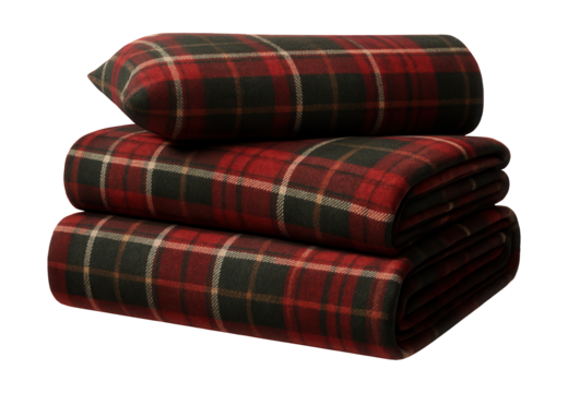 Flannel sheets with a plaid pattern, ideal for keeping warm during winter nights in a cottage.