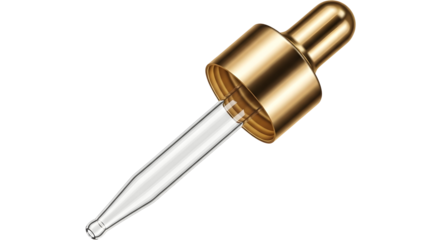 A close up of a glass dropper with a gold top against a black background in a studio setting