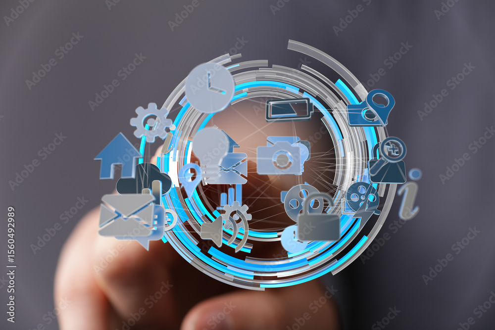 Poster Hand interacts with a digital interface showing various app icons and network connections.