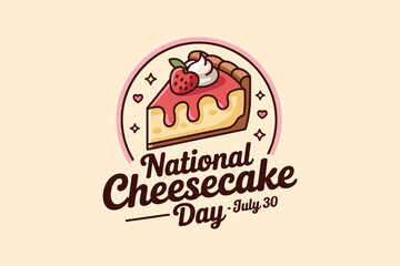 Retro cheesecake icon with cherry and dotted background badge for national dessert awareness july 30 print  