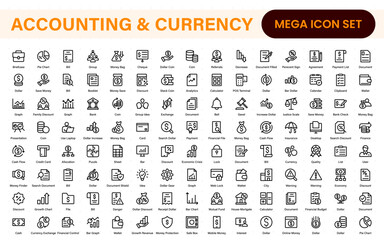 Set of line icons related to accounting, audit, and taxes. Outline icon collection. Business symbols.Income set. Containing money, tax, earnings, payment, paycheck, work, pension, and wages icons.