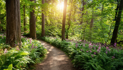 Fototapeta premium sunlit pathway winding through a lush green forest with ferns and blooming flowers