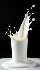 Dynamic milk splash, droplets, black background, smooth, droplet