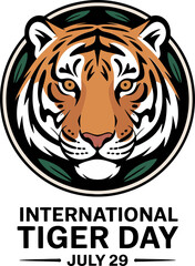 International tiger day design with bold tiger face and green frame for wildlife conservation event july 29  