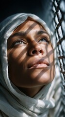 A Muslim woman gazes upward through the intricate jali lattice window casting beautiful shadows