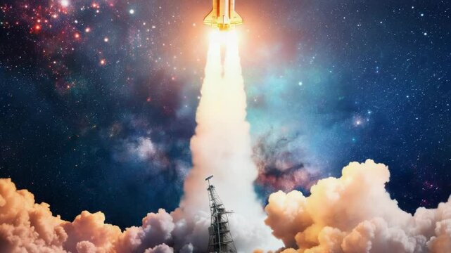 A space shuttle blasting off into the sky