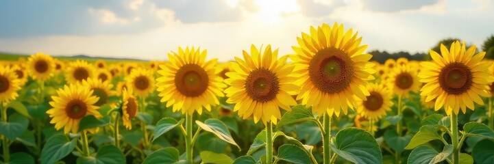 Fototapeta premium Vibrant Sunflowers in Full Bloom A Breathtaking Summer Field of Golden Flowers Turning Towards the Sun on a Bright Day