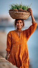 A woman gracefully descending a ghat in Varanasi carrying offerings at sunrise