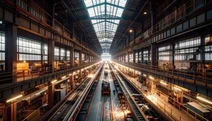 Fototapeta premium Expansive Steampunk Warehouse with Conveyor Belts and Strobe Lights