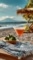 A refreshing Cosmopolitan cocktail with a lime garnish on a beach towel