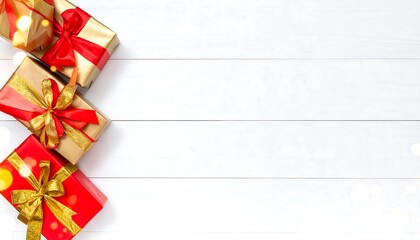 Three beautifully wrapped presents with ribbons arranged on a white wooden surface gift background