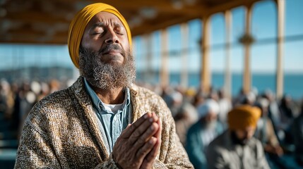 Sikh devotees sitting in prayer inside a peaceful gurdwara with soft golden light