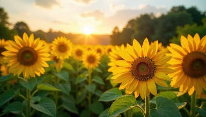 Obraz premium Sunflowers in Full Bloom Vibrant Field Landscape, Golden Petals, Tranquil Natural Beauty