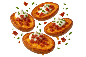 Delicious loaded potato skins isolated on a transparent background, savory