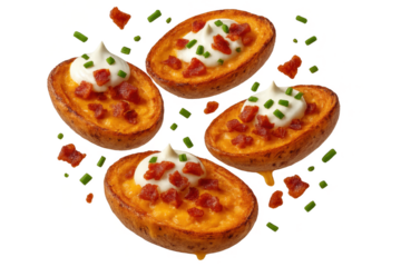 Delicious loaded potato skins isolated on a transparent background, savory
