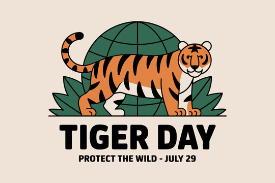 Tiger day badge with walking tiger and globe behind for protect the wild awareness july 29 conservation event - Powered by Adobe