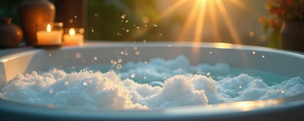 Luxurious Bubble Bath Tranquil Spa Scene with Essential Oils and Soft Lighting, Perfect for Relaxation and Wellness Content