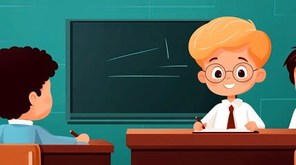 a schoolboy in glasses with blond hair stands behind the podium against the background of a blackboard