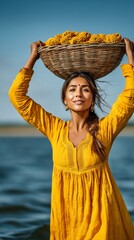 A woman wearing sindoor and a vibrant yellow dress holds a bamboo basket above water while gazing at the sun during Chhat Puja