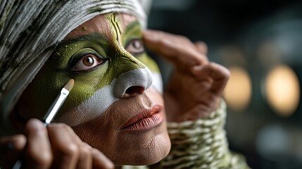 Portrait of a Kathakali performer applying intricate makeup before the Onam celebration